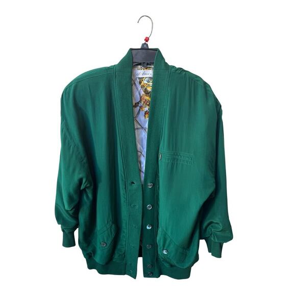 VTG Di Bari 100% Silk Green Bomber Jacket Mens 40. Baroque Tiger Lined NWOT - Picture 1 of 14
